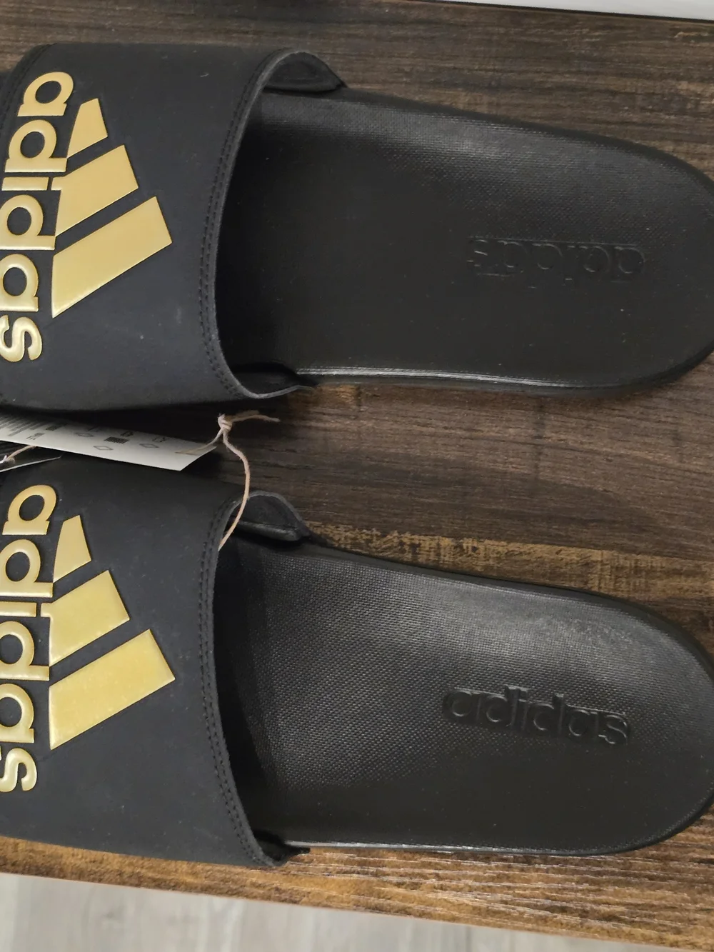 NWT adidas Black Slides with Gold Logo Strap - Men's 10